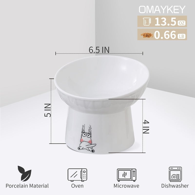 OMAYKEY 6.5 Inch Extra Wide Elevated Cat Bowls, Ceramic Raised Tilted Cat Bowl for Food and Water, Porcelain Pet Feeder Dishes for Cats & Dogs, Whisker Fatigue, White & Green - Image 3